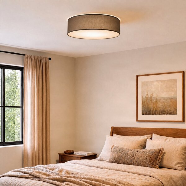 Milagro Lighting Таванна лампа „Маршал“, сива, Ø 50 см, метал/ратан, Затъмняване, Сив, Дневна/трапезария, Дървесина, Модерен