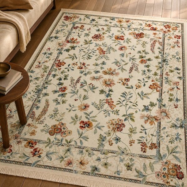 Кремав килим от вискоза 95x140 cm Oriental Flowers – Nouristan