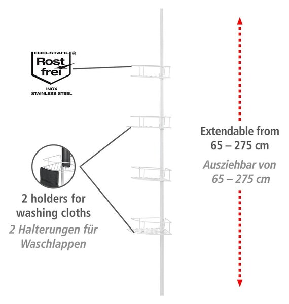 Бял ъглов телескопичен рафт за баня от неръждаема стомана Dolcedo – Wenko