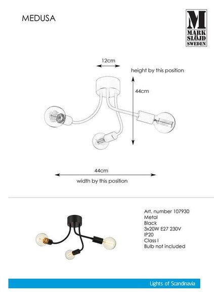 Черно таванно осветително тяло Medua Ceiling 3L Medusa - Markslöjd