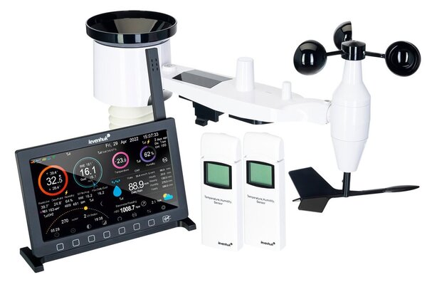 Електронна метеостанция Levenhuk Wezzer PRO LP500, включен 1 бр. безжичен 9-в-1 дистанционен сензор, цветен екран, термометър, барометър, влагомер, дъждомер, анемометър, часовник, будилник, календар, черна