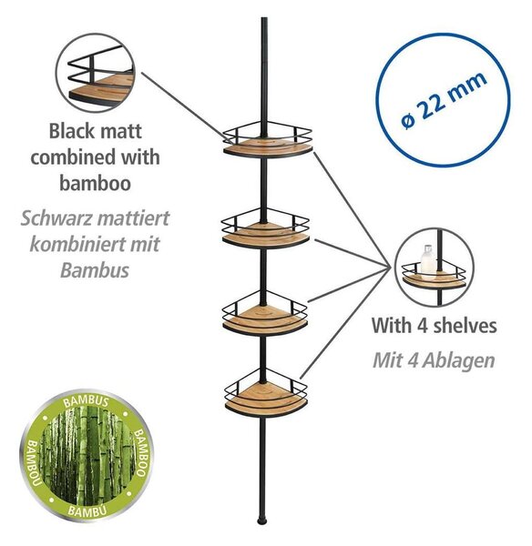 Четириетажен черен ъглов рафт за баня Бамбук - Wenko