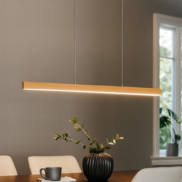 FISCHER & HONSEL LED висяща лампа Shine-Wood, дължина 105 cm, дъб/никел, Затъмняване, Дърво, Дневна/трапезария, Дървесина