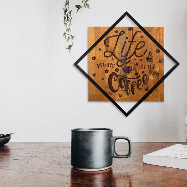 Дървена и метална декорация за стена 54x54 cm Life Begins After Coffee - Wallity