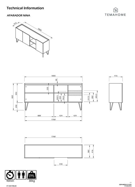 Нисък скрин в кафяво-черно от орех 180x83 cm Nina - TemaHome