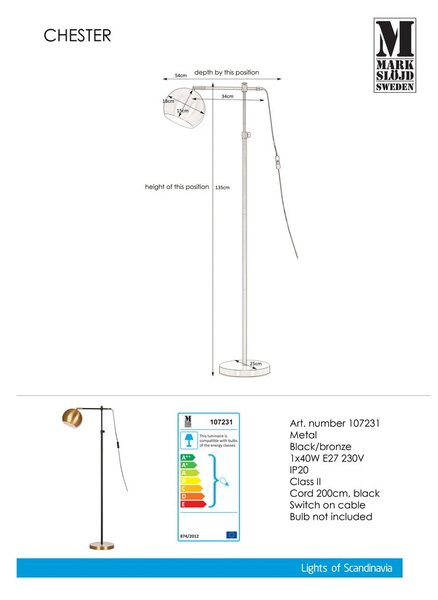 Свободностояща лампа в черно и бронз Chester - Markslöjd