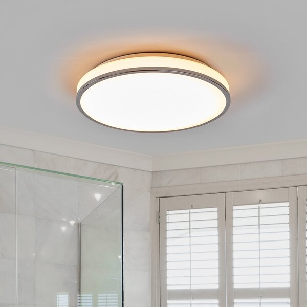 Lindby LED плафон Lyss, Ø 40 cm, хромиран, IP44, Бял, Баня, Стъкло, Модерен