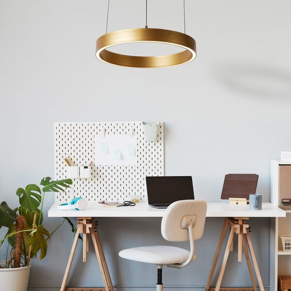 Searchlight LED висяща лампа Layla, златиста, Ø 44 см CCT, с регулируема височина, Затъмняване, Злато / месинг, Дневна/трапезария, Метал, Модерен