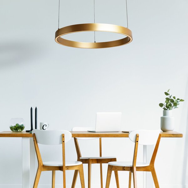 Searchlight LED висяща лампа Layla, златиста, Ø 64 см CCT, с регулируема височина, Затъмняване, Злато / месинг, Дневна/трапезария, Метал, Модерен