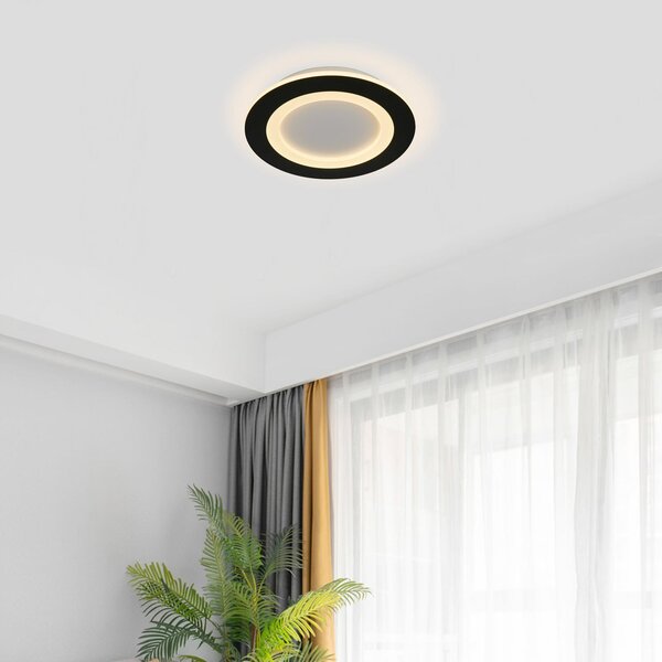 Searchlight LED таванна лампа Ringo, Ø 39 см, черно/бяло, желязо/акрил, CCT, Затъмняване, Черен, Дневна/трапезария, Метал, Модерен