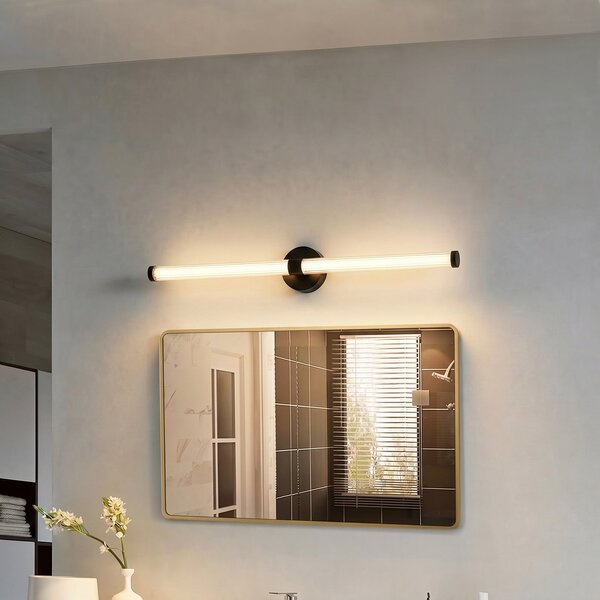 Lucande LED стенна лампа Melisa, черна, 90 cm, CCT, IP44, Черен, Баня, Стъкло, Модерен