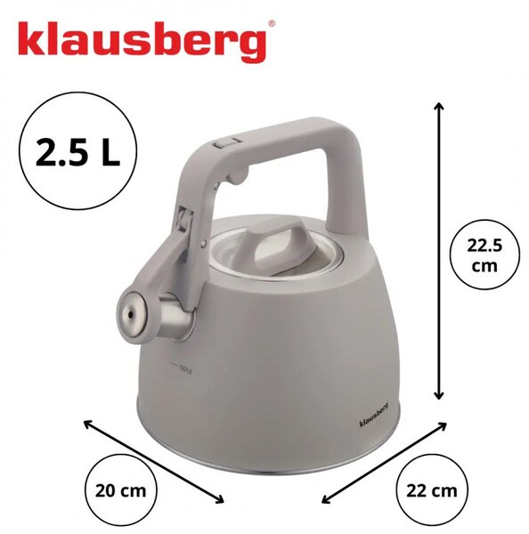 Свирещ чайник Klausberg KB 7916, 2.5 л, Топлоизолирана дръжка, Индукция, Сив