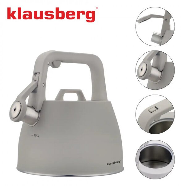 Свирещ чайник Klausberg KB 7916, 2.5 л, Топлоизолирана дръжка, Индукция, Сив