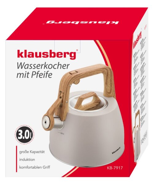 Свирещ чайник Klausberg KB 7917, 2.5 л, Топлоизолирана дръжка, Индукция, Бежов