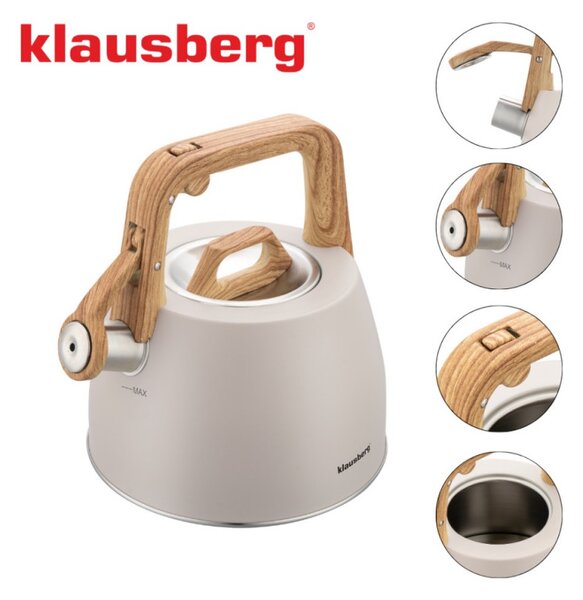 Свирещ чайник Klausberg KB 7917, 2.5 л, Топлоизолирана дръжка, Индукция, Бежов