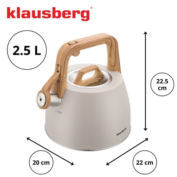 Свирещ чайник Klausberg KB 7917, 2.5 л, Топлоизолирана дръжка, Индукция, Бежов