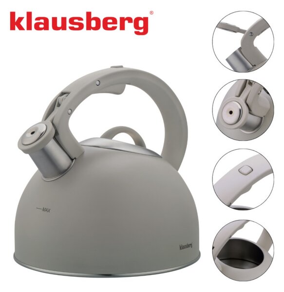 Свирещ чайник Klausberg KB 7912, 2.5 л, Дръжка с дървесен ефект, Индукция, Светлосив