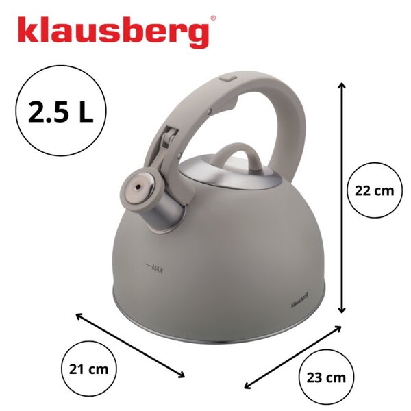 Свирещ чайник Klausberg KB 7912, 2.5 л, Дръжка с дървесен ефект, Индукция, Светлосив