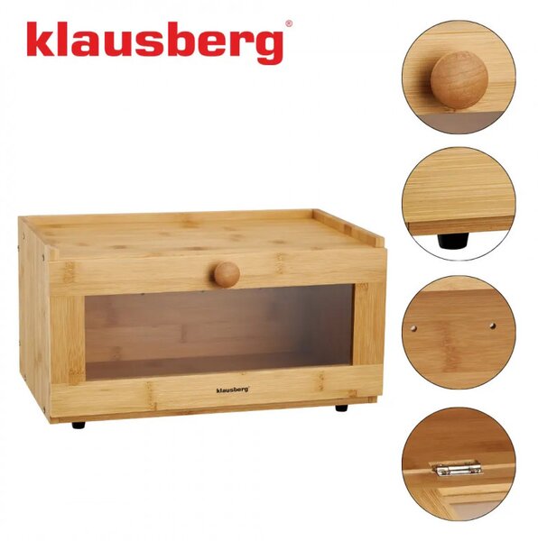 Кутия за хляб Klausberg KB 7923, 35.5 см, Акрилно прозорче, Бамбук, Кафяв