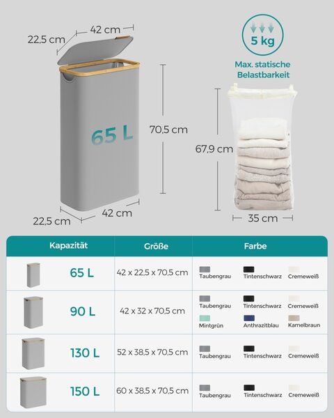 Songmics Сив кош за пране 42x22.5x22.5x70.5 cm