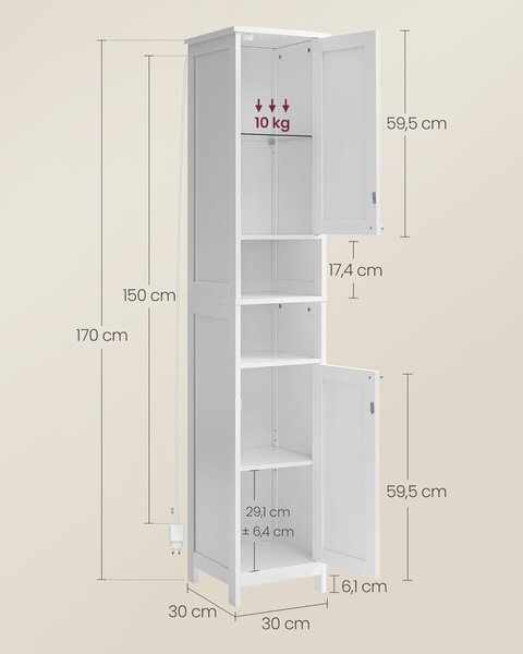 Шкаф за баня White Vasagle 30x30x170 cm