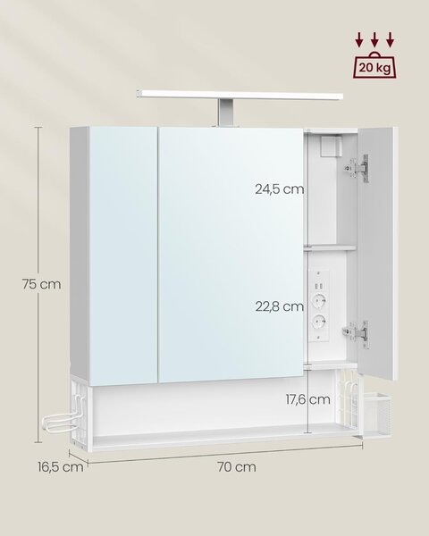 Шкаф за баня с огледало White Vasagle 70x16.5x75 cm
