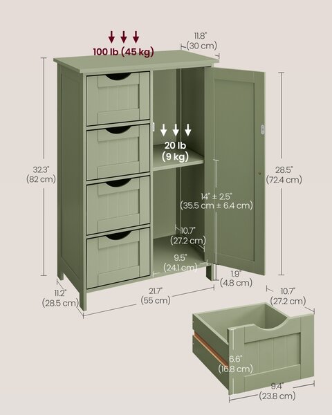 Шкаф за съхранение за баня с чекмеджета, Vasagle, горско зелен, 55x30x82 см
