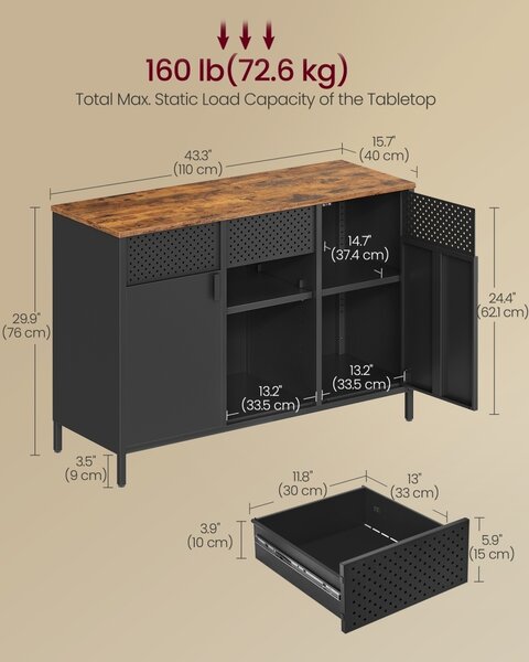 Метален офис шкаф (картотека), Songmics, кафяв, 110x40x76 см