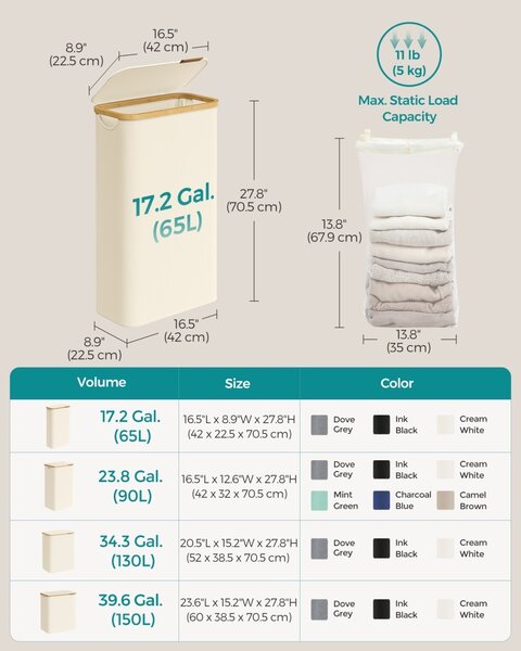 Кош за пране Songmics Cream 42x22.5x70.5 cm