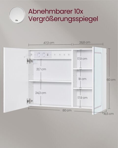 Шкаф за баня с огледало и LED, Tiago, бял, 80x60x16.5 см