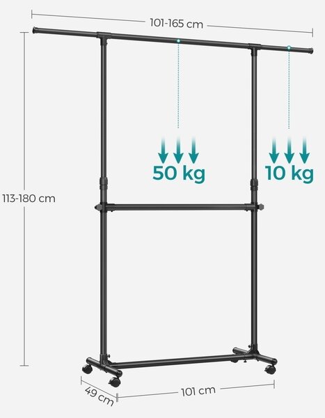Регулируем стелаж за дрехи с колелца Songmics Black 165x49x180 cm
