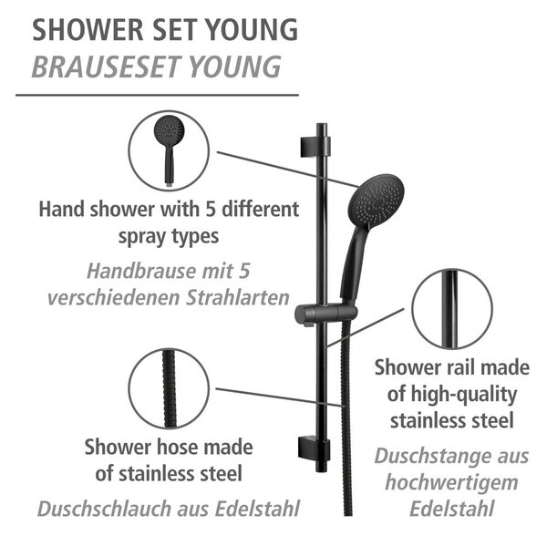 Душ комплект от черна неръждаема стомана 66cm Young - Wenko