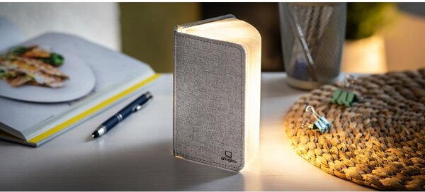 Сива LED настолна лампа с текстилен абажур (височина 2,5 cm) Booklight – Gingko