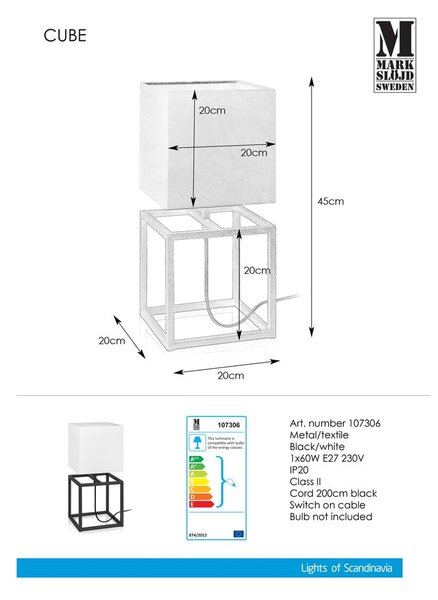 Черно-бяла настолна лампа , 20 x 20 cm Cube - Markslöjd