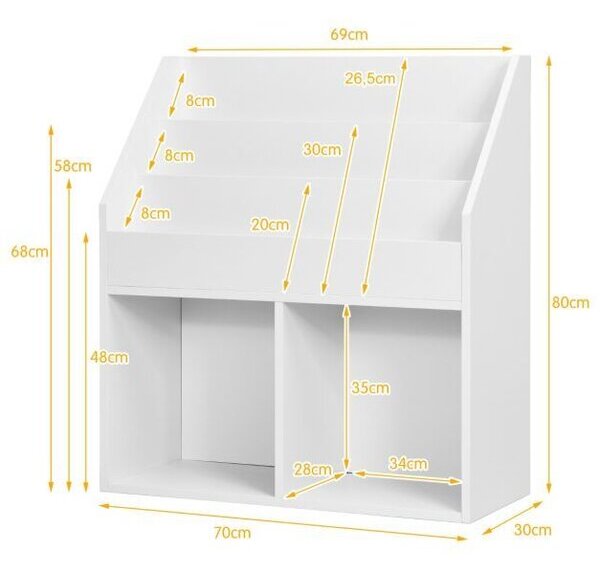 Детска дървена библиотека с 3 нива и 2 рафта рафт за играчки - Бяла