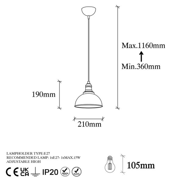 Висящо осветително тяло в бронзов цвят с метален абажур ø 21 cm Varzan – Opviq lights