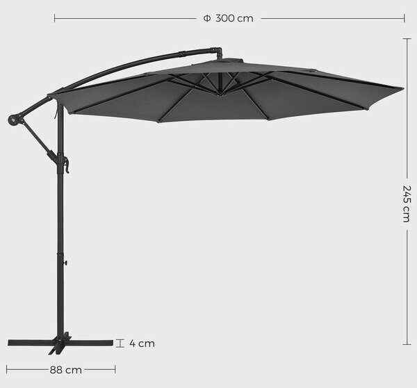 SONGMICS чадър 300 см със стойка UV защита до UPF 50+ - Сив