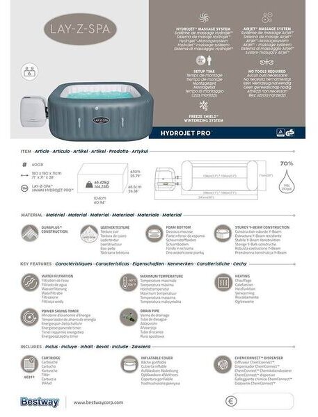 Джакузи надуваемо 180х180х71см, Hawaii Hydrojet Pro