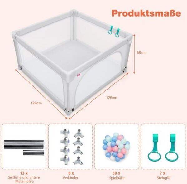 Преносима кошара за игра с предпазни врати 120 x 120 x 68 cm сива