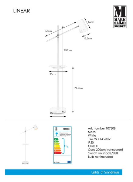 Бяла свободностояща лампа с място за съхранение Linear - Markslöjd