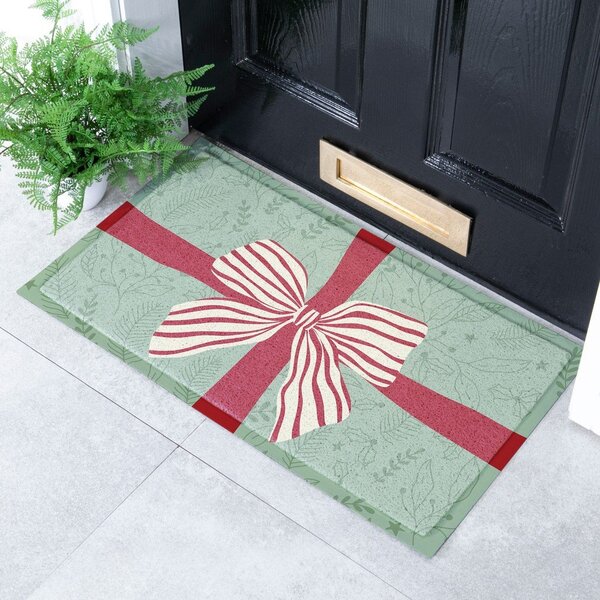 Изтривалка с коледен мотив от рециклирана пластмаса 40x70 cm Red & White Stripe Bow – Artsy Doormats