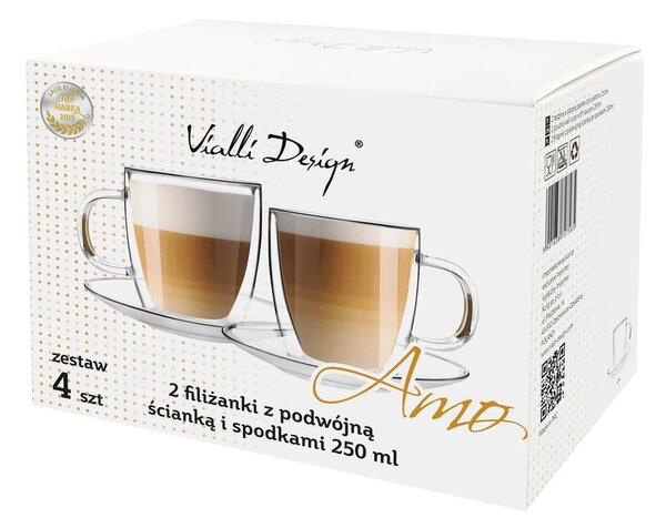 Комплект от 2 стъклени чаши с двойна стена и чинийка, 250 ml Amo - Vialli Design
