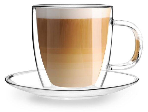 Комплект от 2 стъклени чаши с двойна стена и чинийка, 250 ml Amo - Vialli Design