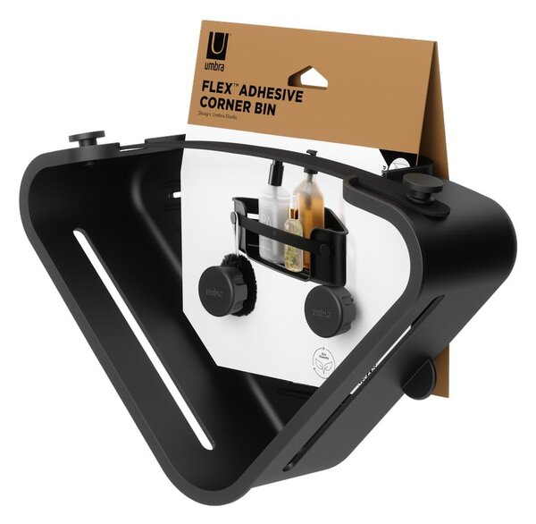 Черен ъглов пластмасов рафт за баня без пробиване Flex Adhesive – Umbra
