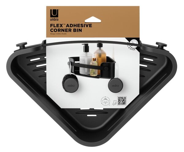 Черен ъглов пластмасов рафт за баня без пробиване Flex Adhesive – Umbra