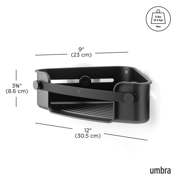 Черен ъглов пластмасов рафт за баня без пробиване Flex Adhesive – Umbra