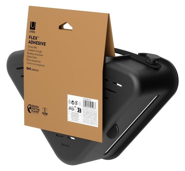 Черен ъглов пластмасов рафт за баня без пробиване Flex Adhesive – Umbra