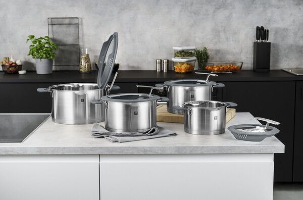 Комплект тенджери Zwilling Simplify 66870-005-0, 9 части, Sigma Classic+ дъно, Неръждаема стомана 18/10, Индукция, Сребрист