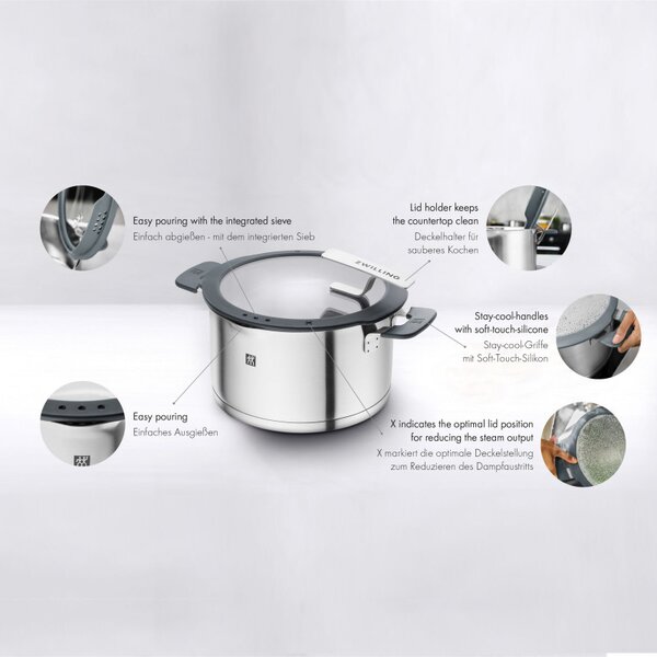 Комплект тенджери Zwilling Simplify 66870-005-0, 9 части, Sigma Classic+ дъно, Неръждаема стомана 18/10, Индукция, Сребрист