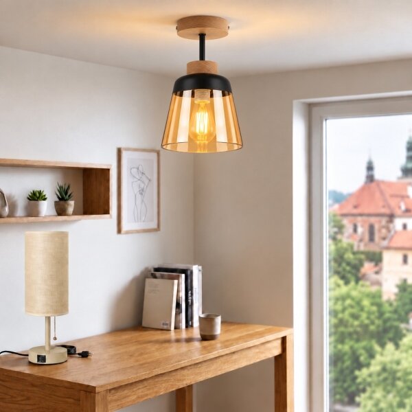 BRILAGI-LED Плафон R GLASS 1xE27/60W/230V Ø 15,5 cm дъб/димчато бежово
